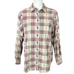 Cabin Creek Flannel Shirt Women Sze Large Cream Green Plaid Cottagecore Cozy Top